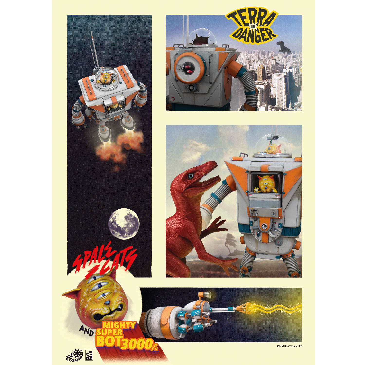 Space Cats and Mighty Super Bot 3000fx  - Go for a Walk, Plakat A3