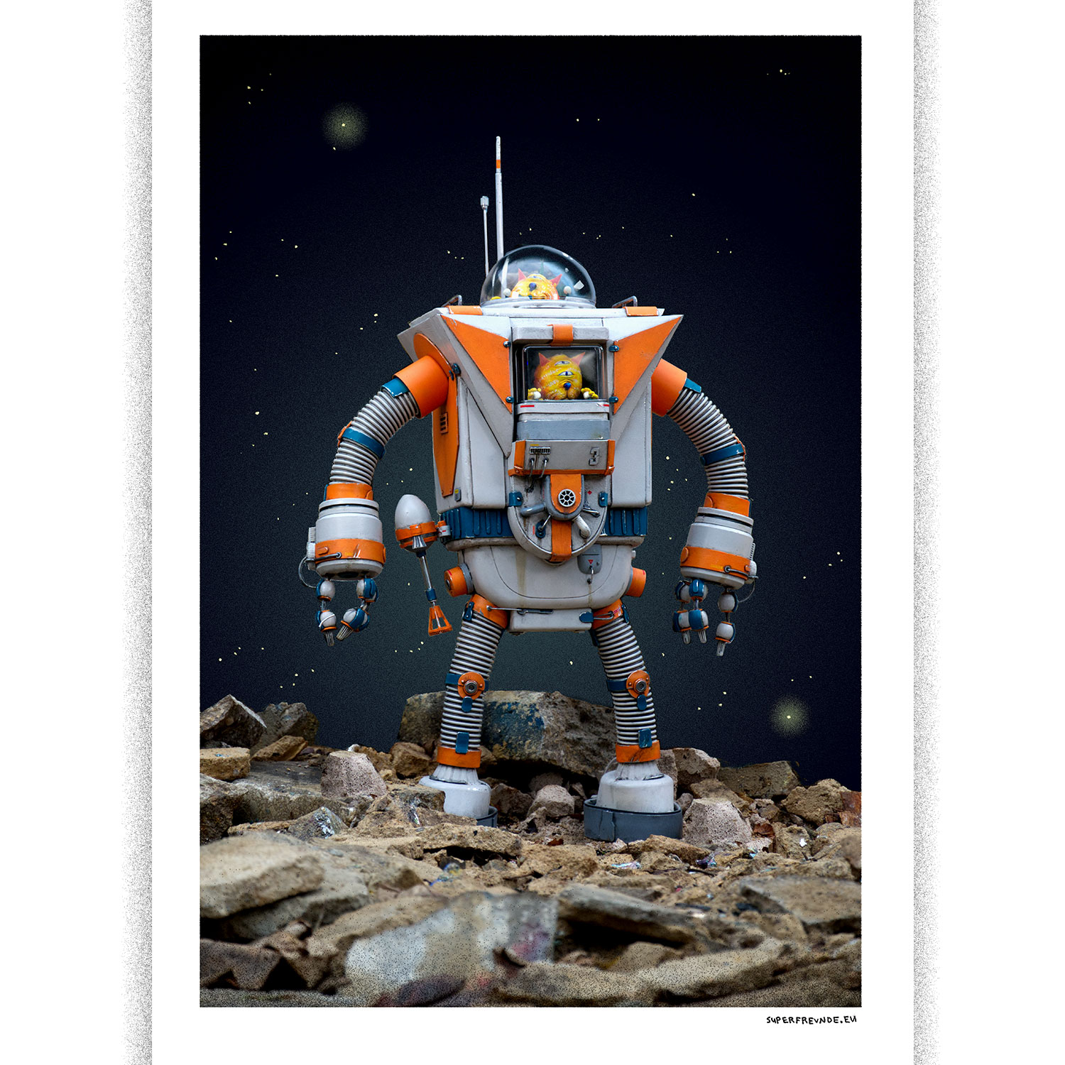 Space Cats and Mighty Super Bot 3000fx  - Go for a Walk, Plakat A3